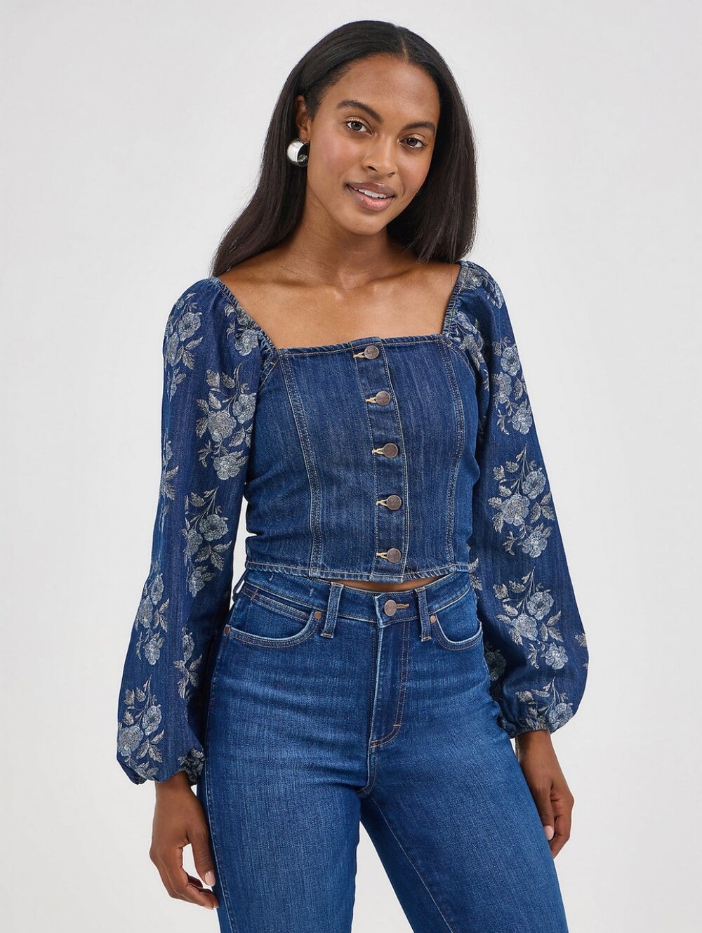 Wrangler Retro Floral Denim Cropped Puff Sleeve Top